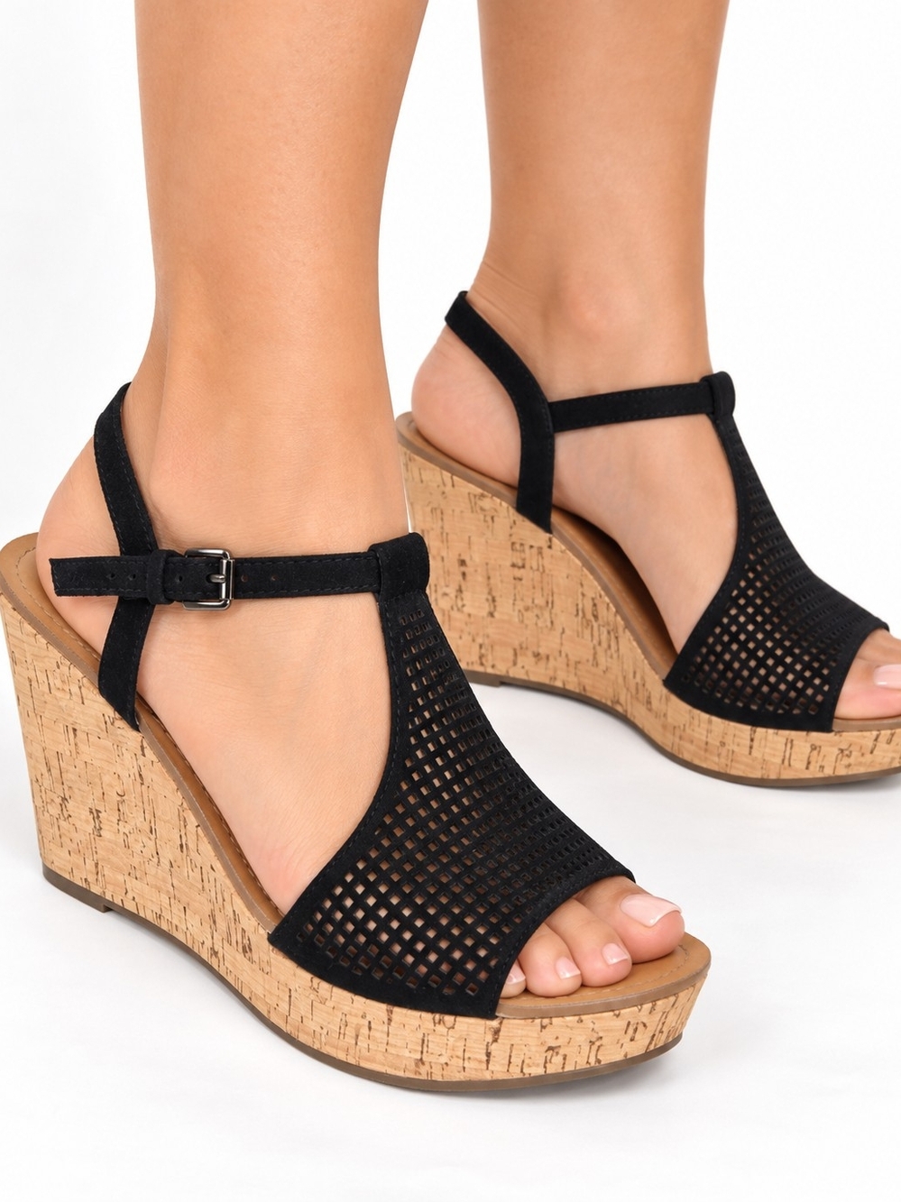 Franco Sarto Clinton 2 Women’s 8M Black Cork Wedge Sandals Perforated Buckle